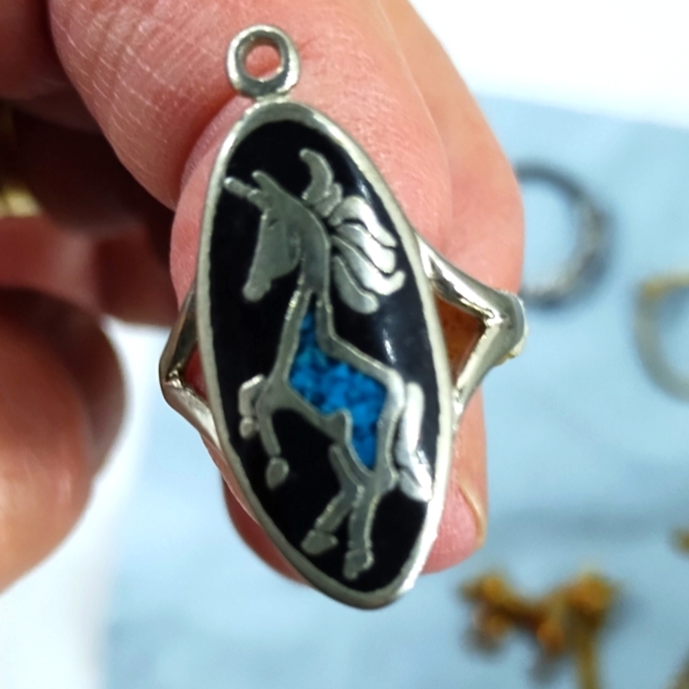 Sterling Silver Turquoise Inlay Unicorn Horse Ring 925